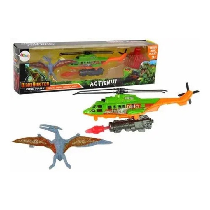 Zöld helikopter szett repülő dinoszaurusszal, Leantoys, 29x8x5cm