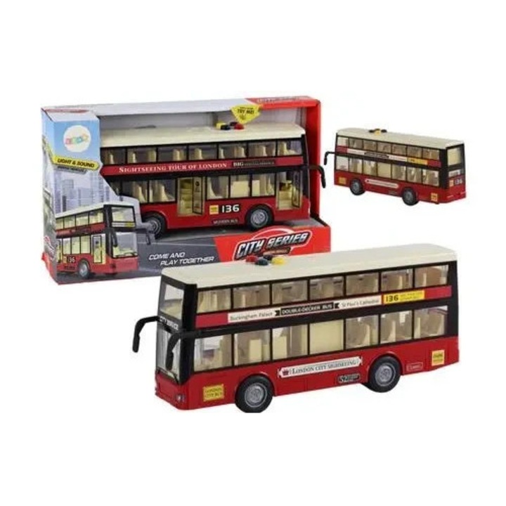 Autobuz pietrowy Leantoys, rosu, lumini si sunete, 26x11x6cm, set cu baterii AG13