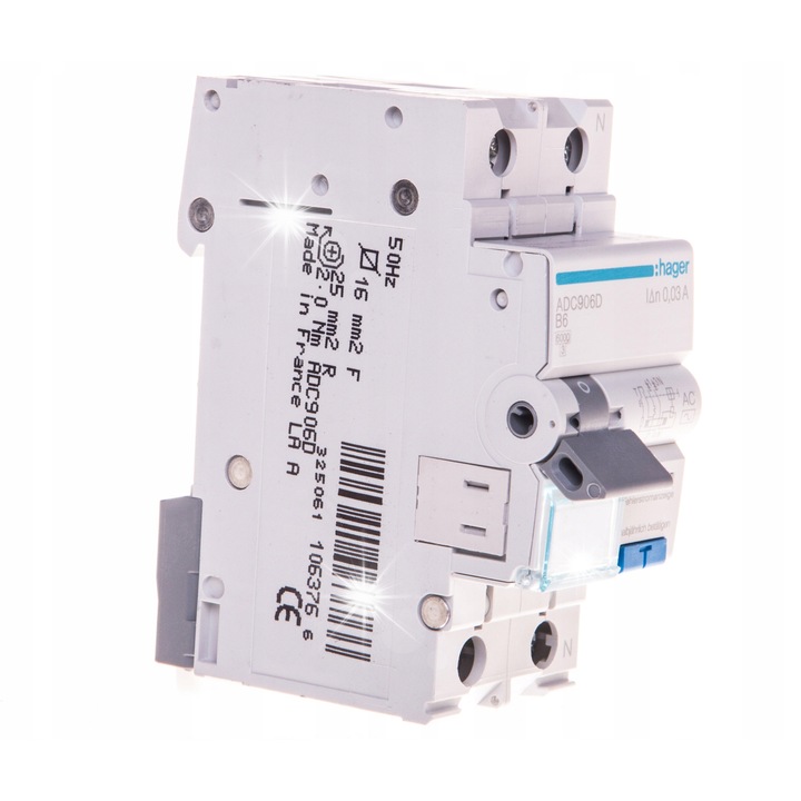 Interupator diferential, Hager, 1P+N, 6A, 30mA, AC, 2 module, IP20