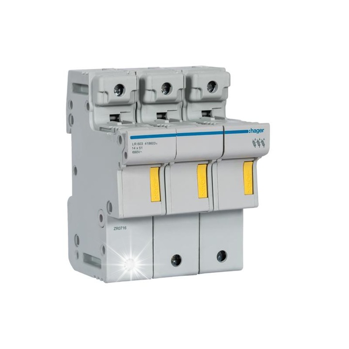 Baza modulara pentru sigurante, 3 poli, 50A, 14x51mm, HAGER, 107x78,75x93mm