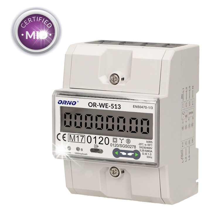 Licznik de energie electrica 3-fazic MID 80A, 230V~, 50Hz, montaj pe sina DIN