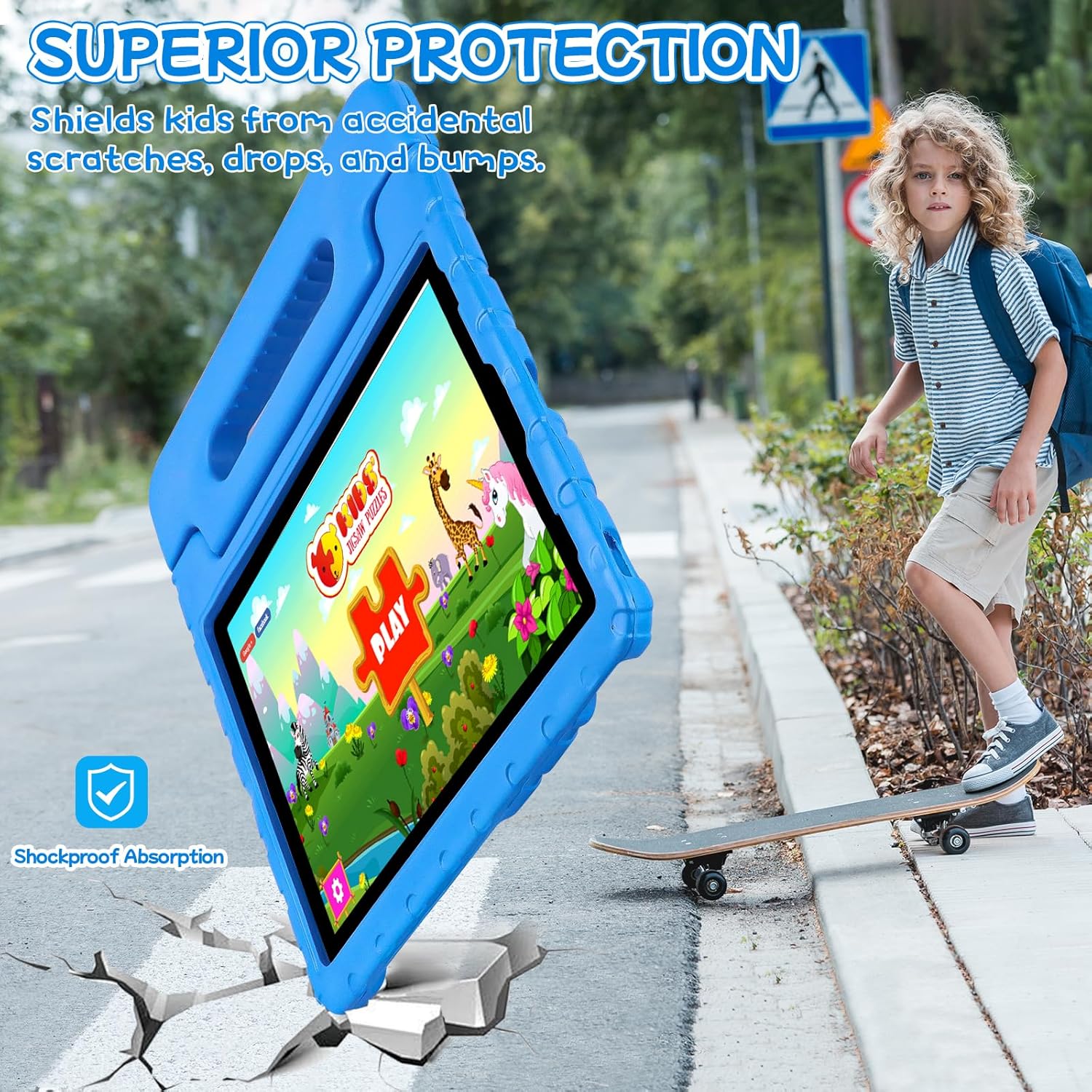 Husa Lotusif pentru iPad Pro 12.9 inch Gen 3/4/5/6, Carcasa EVA Rezistenta pentru Copii cu Suport si Maner, Compatibila cu iPad Pro 12.9 2022/2021/2020/2018, Suport pentru Creion, Albastru