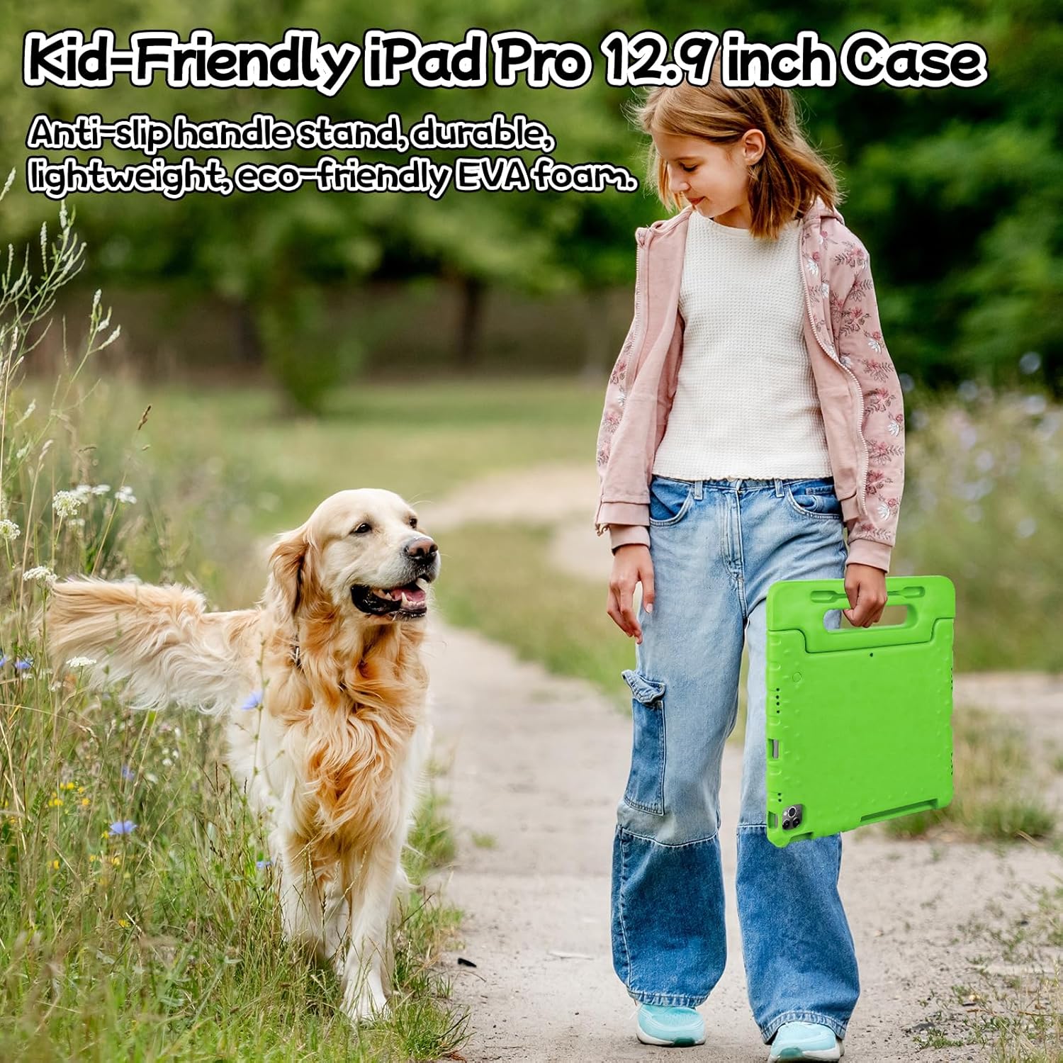 Husa Lotusif pentru iPad Pro 12.9 inch Gen 3/4/5/6, Carcasa EVA Rezistenta pentru Copii cu Suport si Maner, Compatibila cu iPad Pro 12.9 2022/2021/2020/2018, Suport pentru Creion, Verde