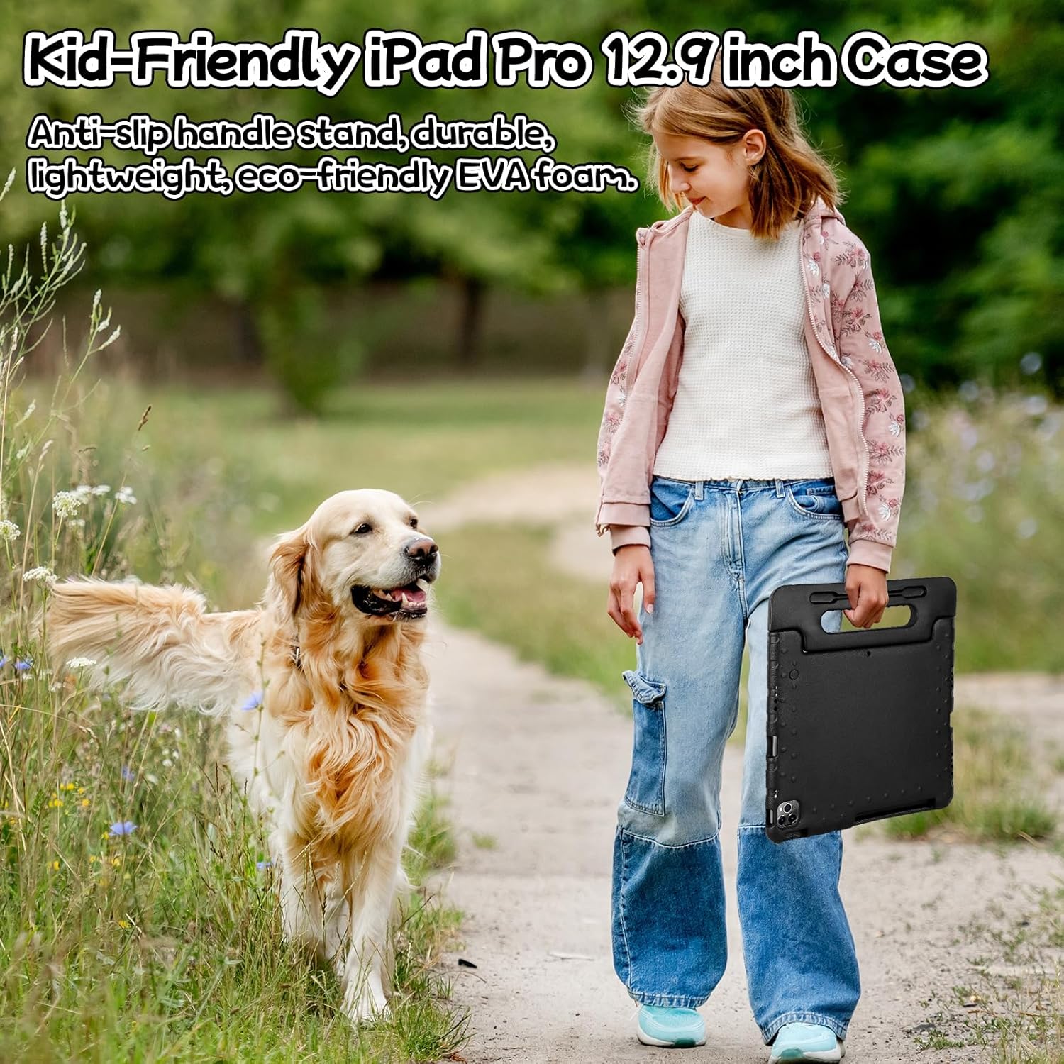 Husa Lotusif pentru iPad Pro 12.9 inch Gen 3/4/5/6, Carcasa EVA Rezistenta pentru Copii cu Suport si Maner, Compatibila cu iPad Pro 12.9 2022/2021/2020/2018, Suport pentru Creion, Negru