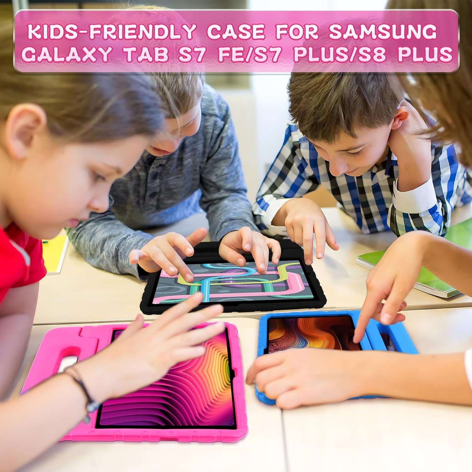 Husa Lotusif pentru Samsung Galaxy Tab S7 FE / S7 Plus / S8 Plus 12.4 inch, Carcasa pentru Copii cu Suport S-Pen si Maner Antiderapant, Protectie Superioara pentru Tab S8+ 2022 / S7 FE 2021 / S7+ 2020, Roz Aprins