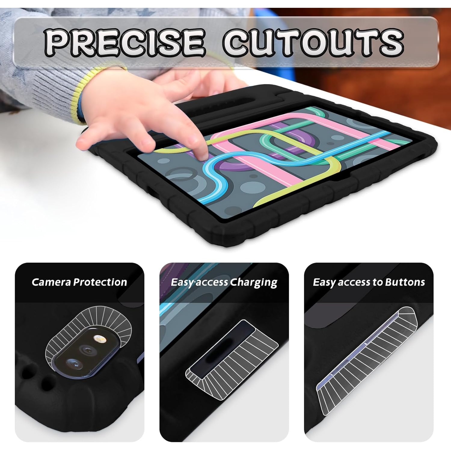 Husa Lotusif pentru Samsung Galaxy Tab S7 FE / S7 Plus / S8 Plus 12.4 inch, Carcasa pentru Copii cu Suport S-Pen si Maner Antiderapant, Protectie Superioara pentru Tab S8+ 2022 / S7 FE 2021 / S7+ 2020, Negru