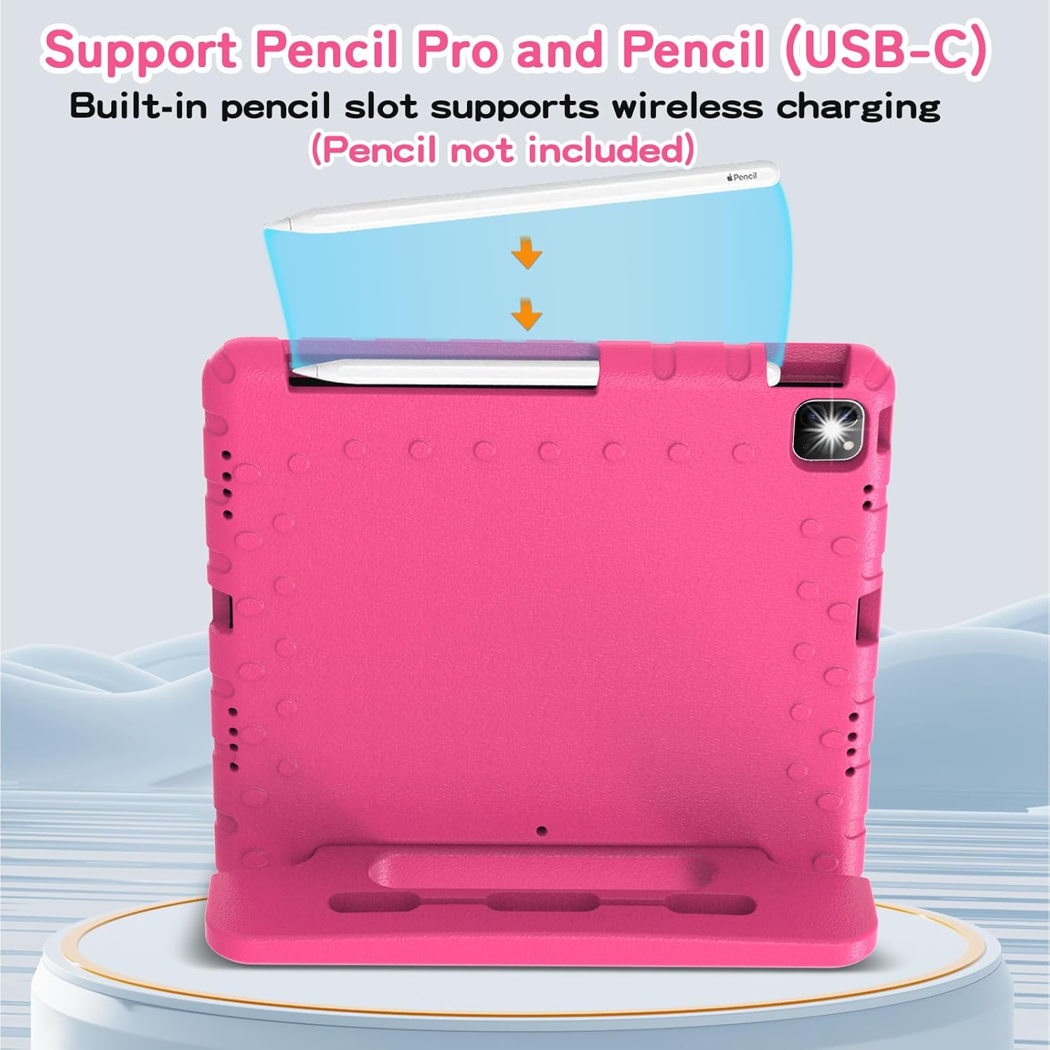 Husa Lotusif pentru iPad Pro 12.9 inch Gen 3/4/5/6, Carcasa EVA Rezistenta pentru Copii cu Suport si Maner, Compatibila cu iPad Pro 12.9 2022/2021/2020/2018, Suport pentru Creion, Roz Aprins