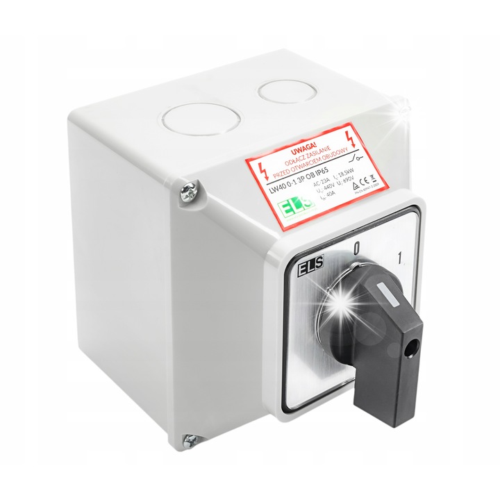 Kapcsoló 40A 3P IP65, LW40 0-1 típus, lapos szerelés, komplett házban