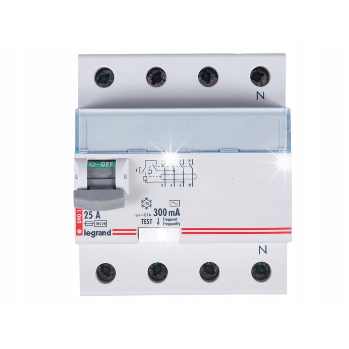 Dispozitiv de protectie diferentiala 4P 25A 0,3A AC P304 TX3, dimensiuni 4 module, montaj pe sina DIN