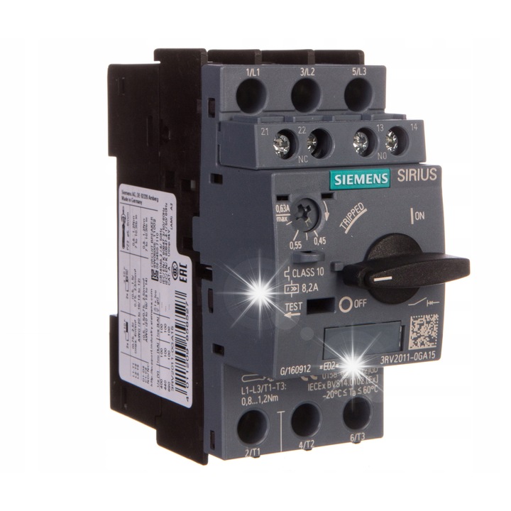 Motorvédő kapcsoló 3P, 0.45-0.63A 1Z 1R S00 3RV2011-0GA15, 3 pólusú, fix rögzítésű