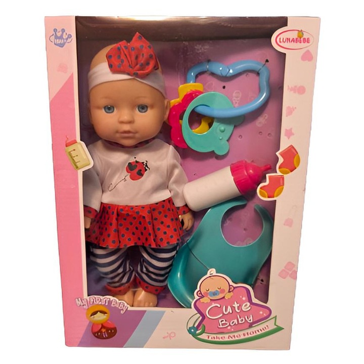 Interaktív babababa kiegészítőkkel – cumisüveg, evőeszközök és bili, 28 cm