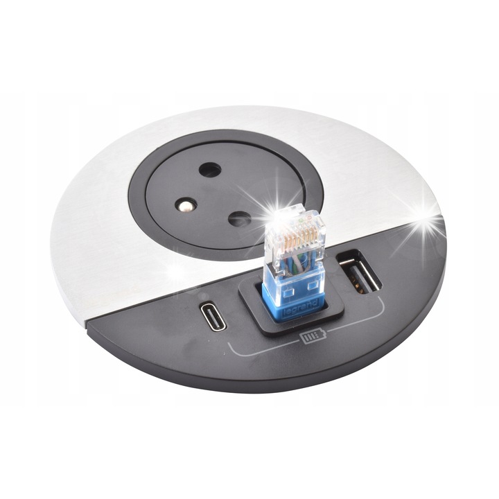 Priza de mobilier, DISQ 80, 2p+z, 2xUSB, metal, negru