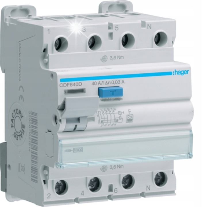 Dispozitiv de protectie diferentiala 4P 40A 30mA 10kA tip F CDF640D, 70x85x72mm