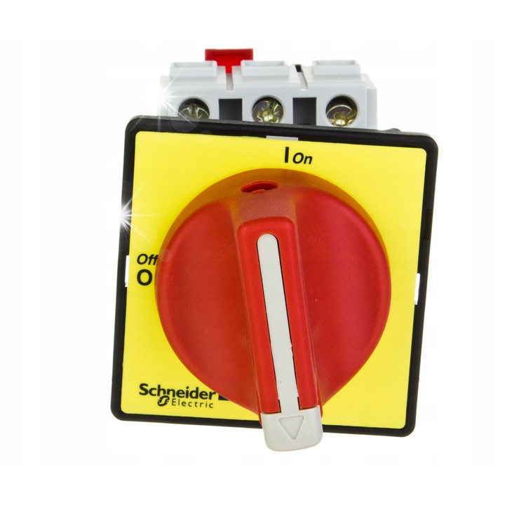 Impartitor de curent 3P 32A IP20 cu maneta rosie Schneider Electric, montaj pe tabla, 60x74x109mm