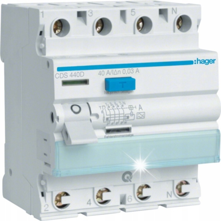 Dispozitiv de protectie diferentiala 40A 30mA 4P HAGER 400V, montaj pe sina DIN, dimensiuni 70x4cm