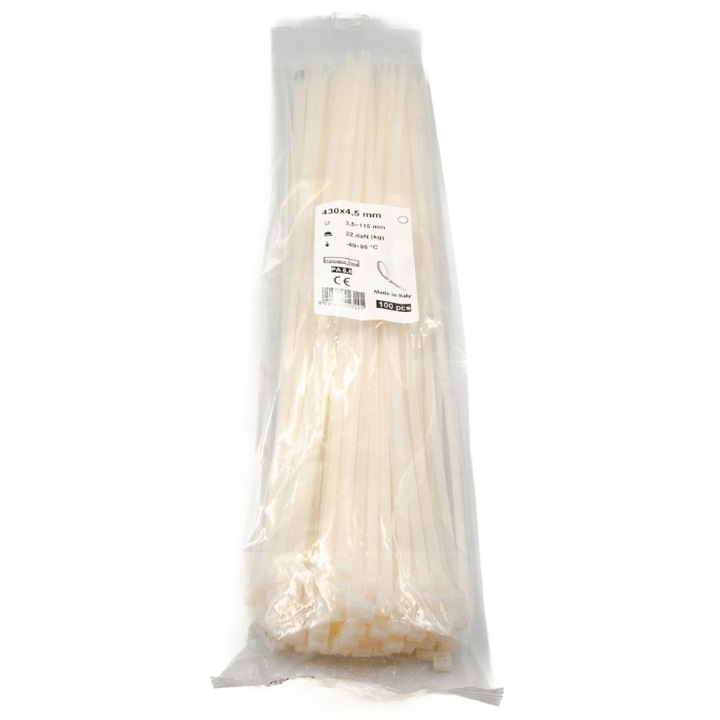 Colier pentru cabluri set 100 buc, 430x4,5mm, alb