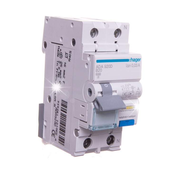 Dispozitiv de protectie B20A 2P 30mA Hager ADA920D, 230V AC, montaj pe sina DIN, IP40