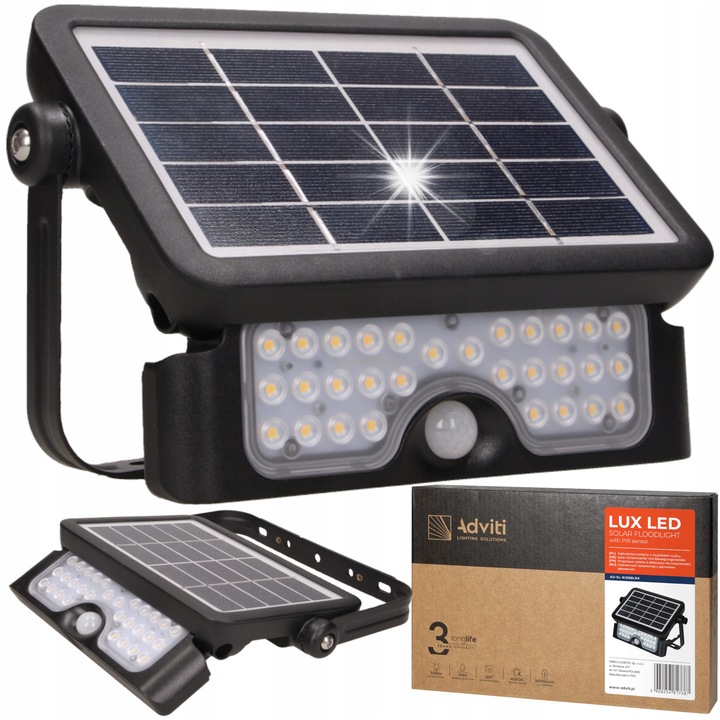 Proiector solar LED 5W 500lm IP65 4000K, negru