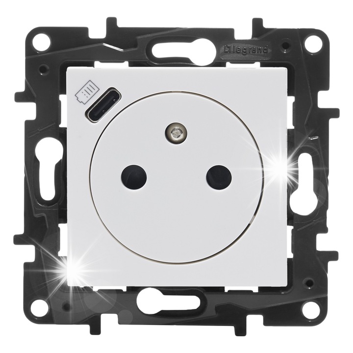 Priza de alimentare 2P+Z cu USB tip C, Legrand Niloe Step, alb