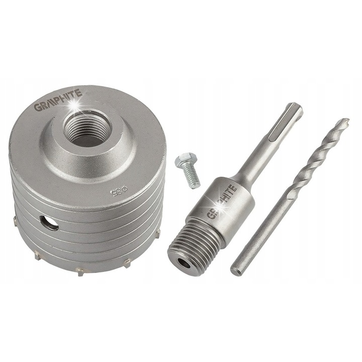 Otwornica widiowa 85mm cu adapter SDS+ si wiertlu pilotaj, 85x72x50mm, 10 widii, 163mm