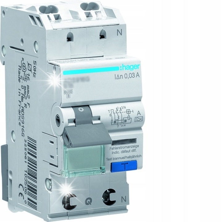 Dispozitiv de protectie RCBO 1P+N 6kA B10A 30mA HAGER, 240V, 2 module, IP20