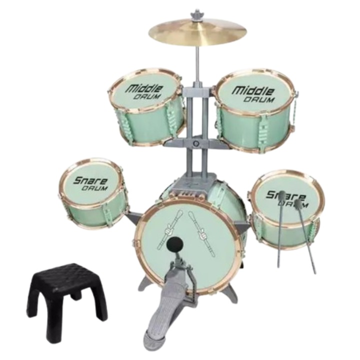 Set mare de tobe cu 5 tobe + cinel metalic + 2 bete de tobe + scaun pentru copii albastru