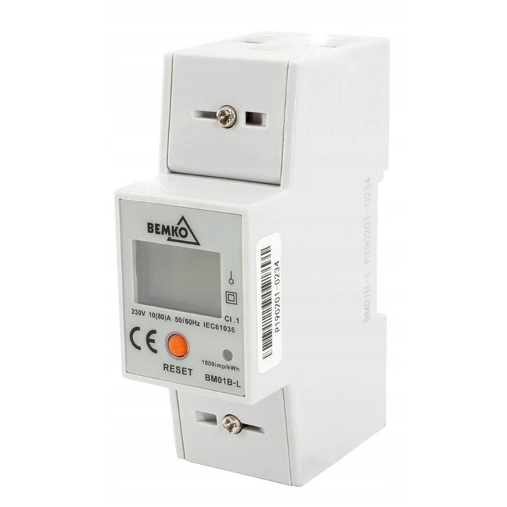 Licznik energiei 1-fazat BEMKO 10-80A, 230V, 5+1 cifre, alb