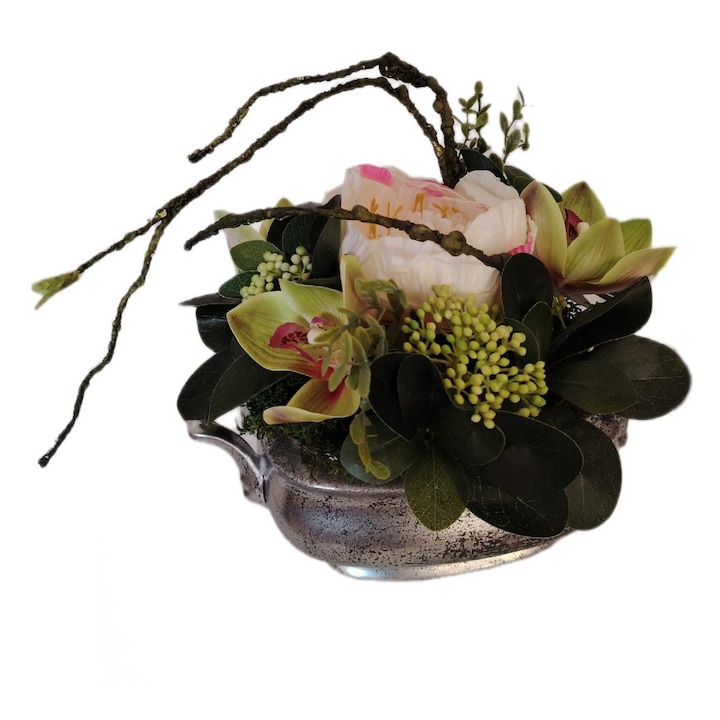 Aranjament floral din plante artificiale in vas vintage patinat, cadou premium - „Verde Antic”
