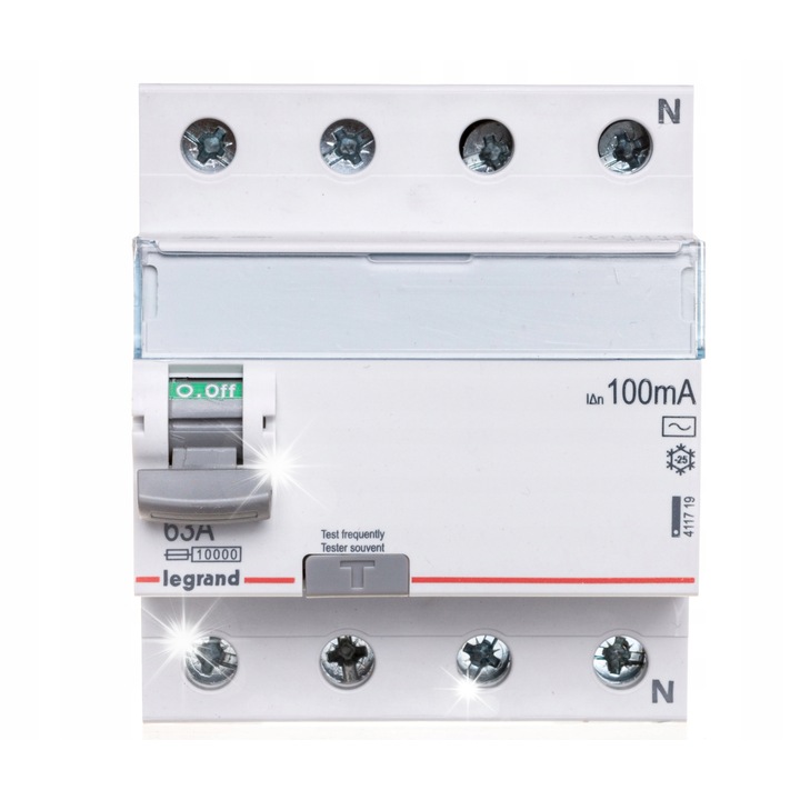 Dispozitiv de protectie diferentiala 4P 63A 0,1A tip AC, 4 module, montaj pe sina DIN, IP2X