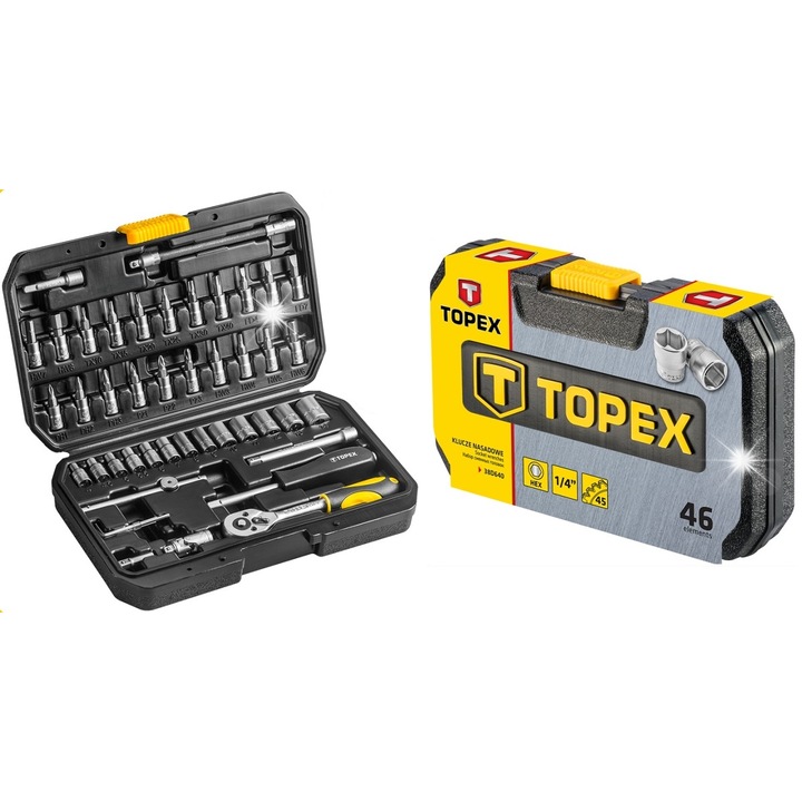 Set chei nasadate 1/4", 46 piese, TOPEX, inclusiv grzechotka, accesorii, cutie plastic