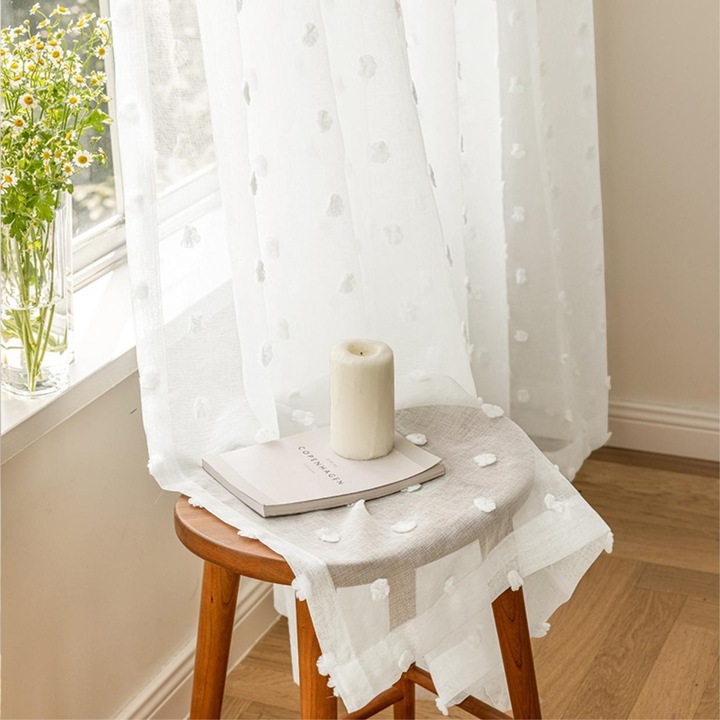 Полупрозрачна бяла тюлена завеса с помпони, 140x160см, за всекидневна, спалня, кухня, детска стая