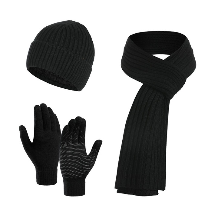 Set de iarna unisex, caciula/manusi si fular, protectie completa impotriva frigului, negru