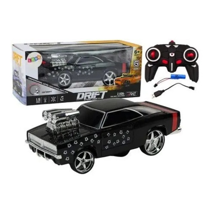 Masinuta R/C 1:18 Leantoys Drift 360, efecte luminoase si sonore, negru, 23x10x8,5cm