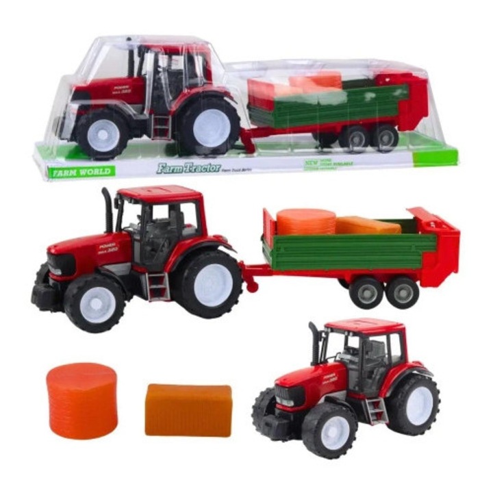 Tractor cu remorca verde si baloti de fan, Leantoys, 62x17,5x16cm, rosu-negru