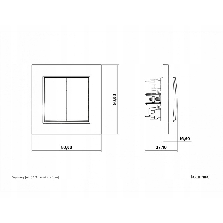 KARLIK MINI dupla keresztkapcsoló, 8 színben kapható, 80x80x6.3mm