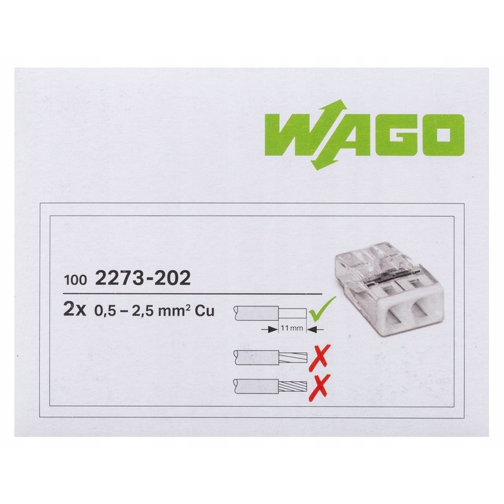 Conector electric Wago 2273-202, 2x2,5mm2, 24A, transparent, set 100 buc