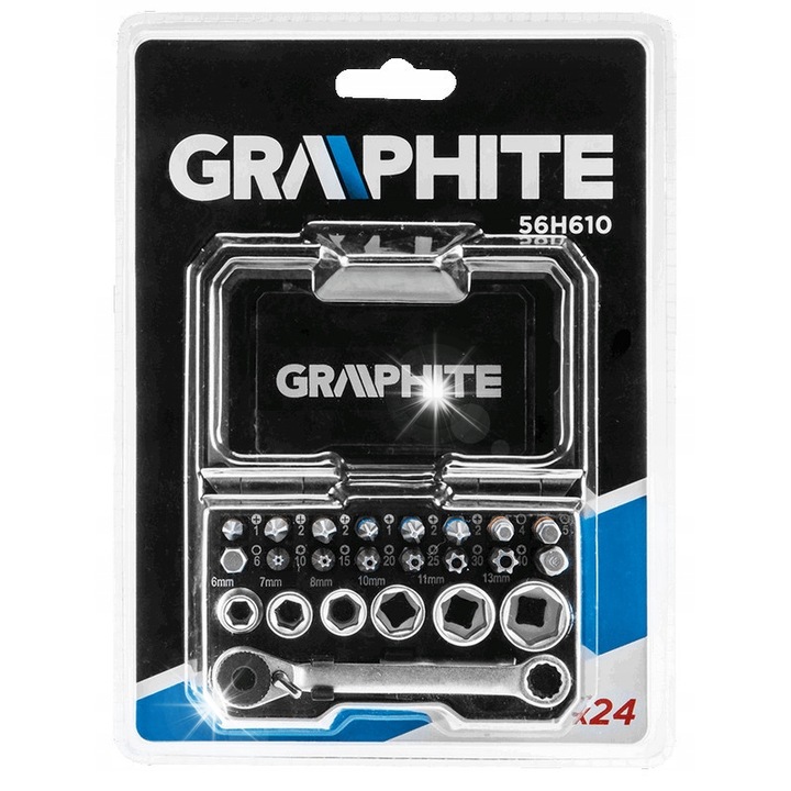 Set de biti, 24 piese, GRAPHITE, 1/4", dimensiuni 14,70x3,85x20cm, pentru lucrari de montaj