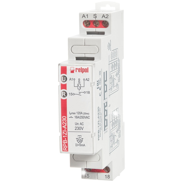 Bistabil relé, Relpol, 1Z, 16A, 230V AC, 17,5x64,6x90mm