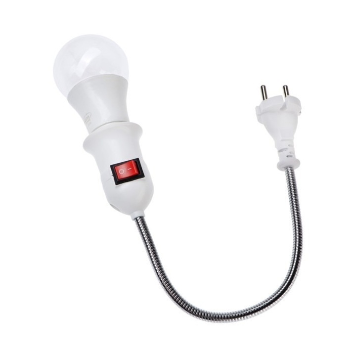 Dulie cu intrerupator si stecher, cu bec LED E27 10W, alb neutru 4500K, brat flexibil 20 cm, alb