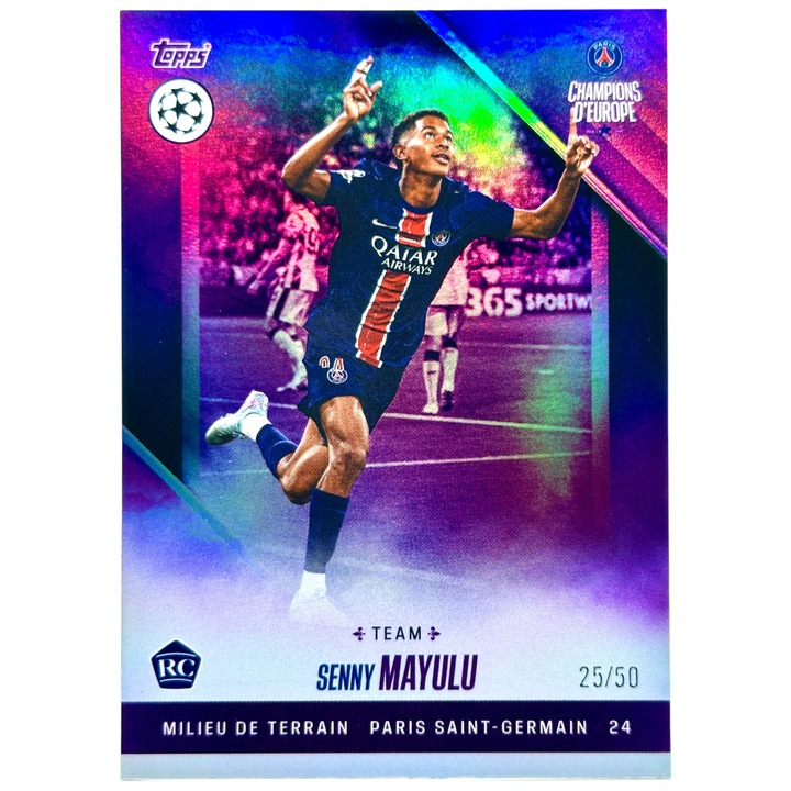 Card de fotbal Topps Senny Mayulu 2024-25 Topps Paris Saint-Germain Champions d’Europe Purple Rookie limitare 25 din 50 PSG