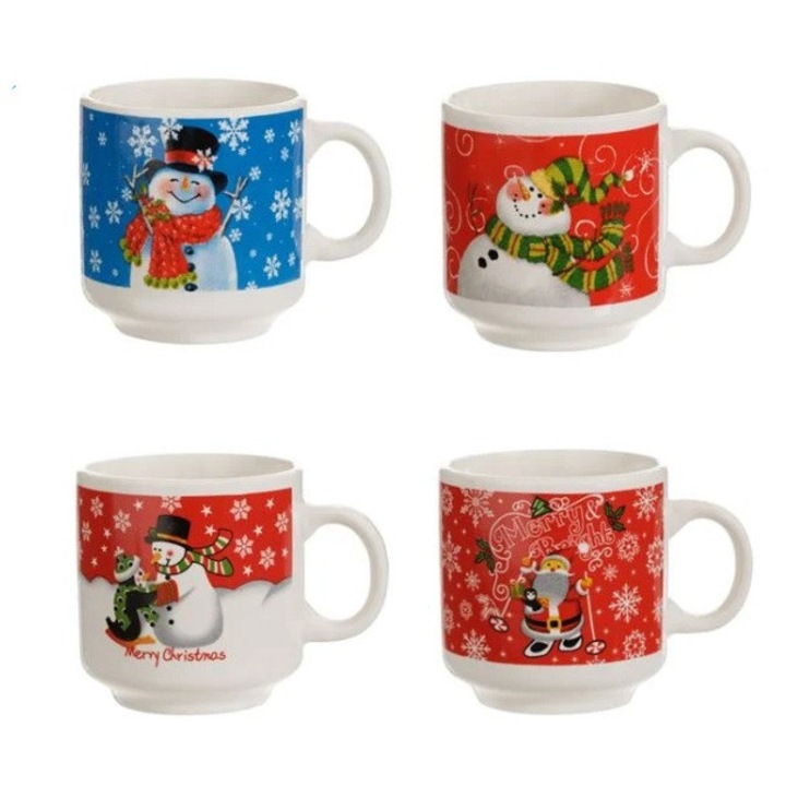 Set Cesti de Craciun AB Homes, Ceramice, cu Figurine Festive, 160 ml – 4 Bucati – Magie si Farmec in Fiecare Inghititura