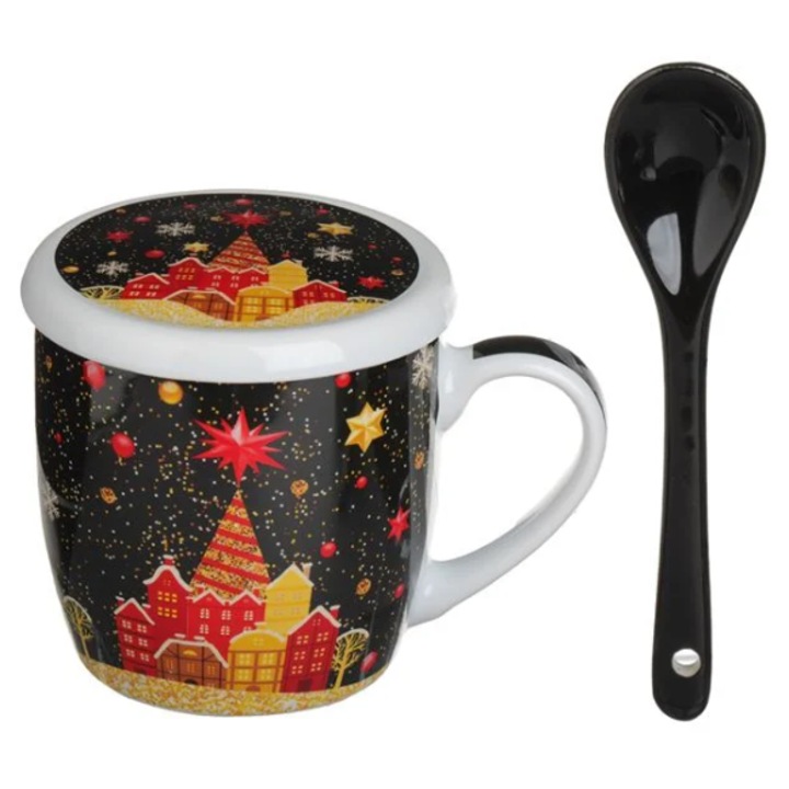 Set Cana de Craciun AB Homes, cu Capac & Lingurita, Model Peisaj Inzapezit, 340ml – 3 Piese Festive din Portelan