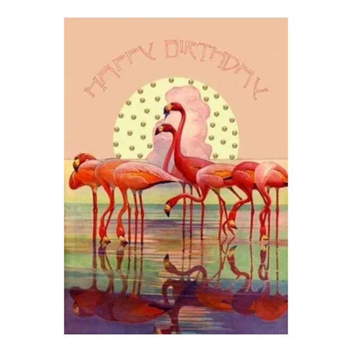 Felicitare B6 cu brokat si envelopa, Madame Treacle, flamingo, apus, 125x175mm