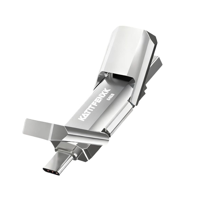 Stick USB Si Type c 3.0, KATITFENXK®, 64GB, High Speed, Backup fisiere, Flash Drive 2 in 1, Adaptor Type-C, USB-A, Potrivit pentru telefoane mobile, computere si tablete, Argintiu