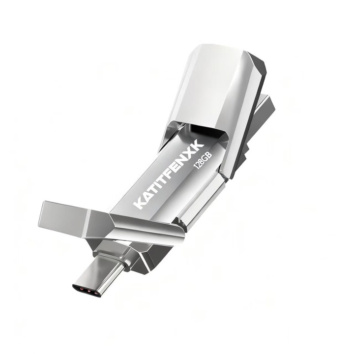 USB стик Type c 3.0, KATITFENXK®, 128GB, Висока скорост, Архивиране на файлове, Флаш устройство 2 в 1, Type-C адаптер, USB-A, Подходящ за мобилни телефони, компютри и таблети, Сребрист
