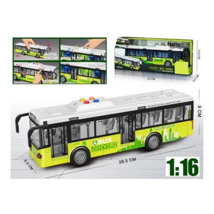 Autobuz MADEJ 1:16, verde, cu lumini si sunete, 28,5x6,5x9cm, set
