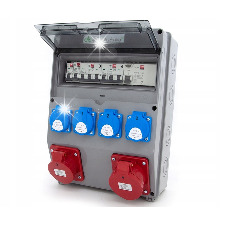 ELS Elektrotechnika elektromos elosztók, 4 aljzat 16A 230V, 1 aljzat 32A 400V, IP65, 350x255x135mm, komplett védelmi készlet