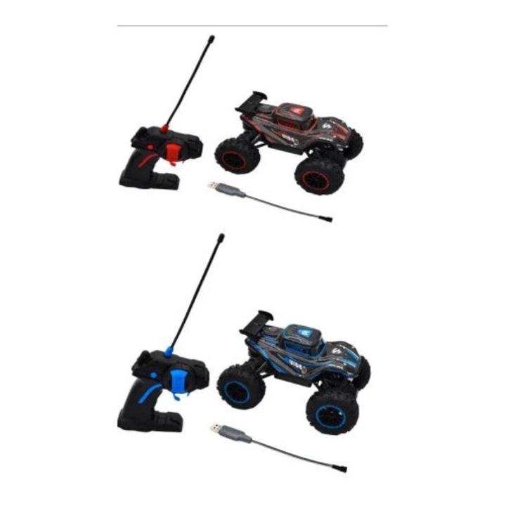 Masinarc teren R/C MAKSIK, 1:16, control precis, roti mari, albastra si rosie, 20x12x14cm