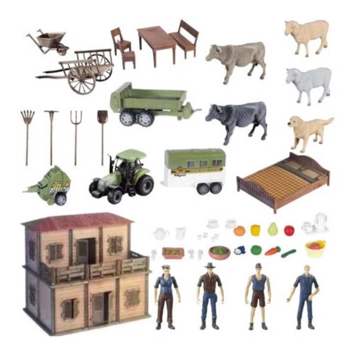 Nagy farm szett gazdákkal és állatokkal, MAKSIK, 4 figura, 5 állat, többszínű, 60x52x10cm