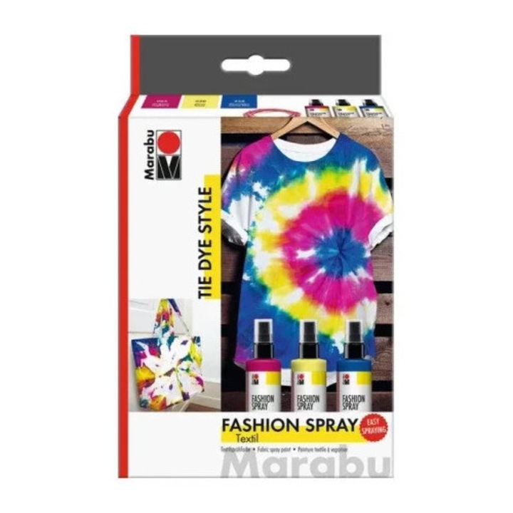 Set vopsele spray pentru tesaturi Marabu Fashion Tie Dye, 2 x 100 ml, culori: zmeura, lamaie, albastru marin, 10 g gumici